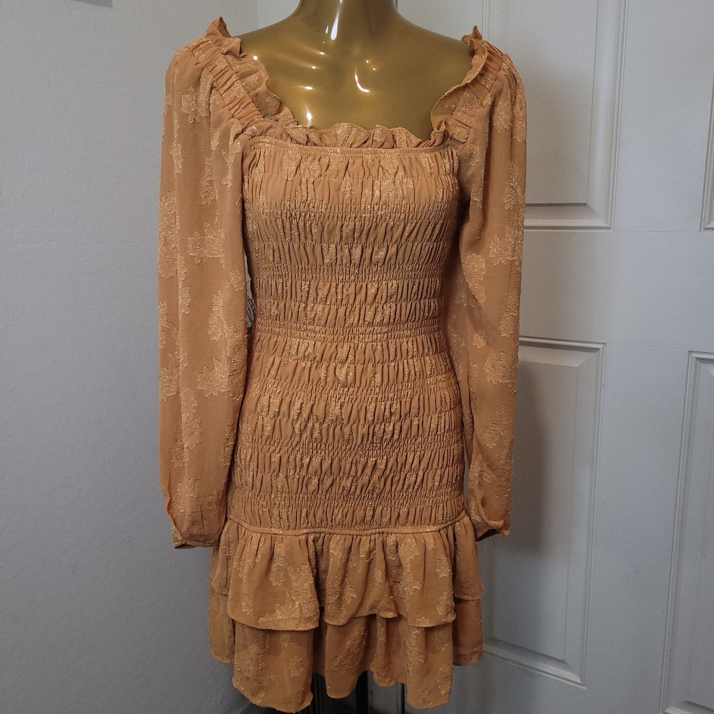 Vici Smocked Ruffle Gold Dress Balloon Sleeve Size XS